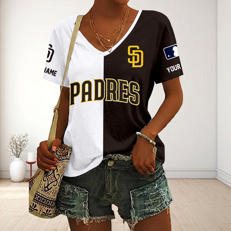 VIRAL EDITION - NEW CUSTOMIZED MLB18 SDP SAN DIEGO PADRES V-NECK FEMALE SHIRT