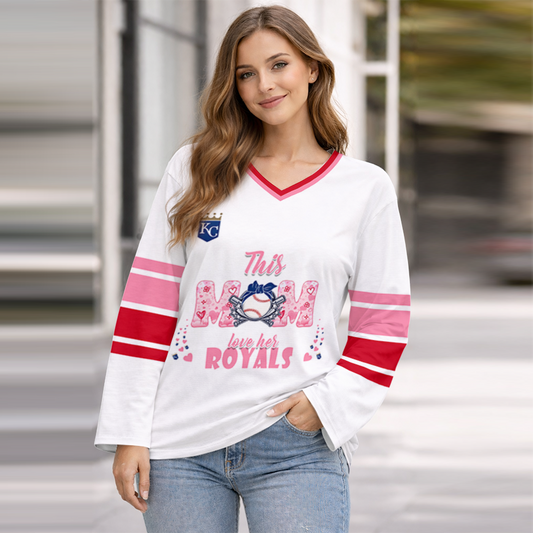 FINAL SALE - NEW CUSTOMIZED MLB19 KCR KANSAS CITY ROYALS WOMEN'S HEART V-NECK LONG SLEEVE SHIRT