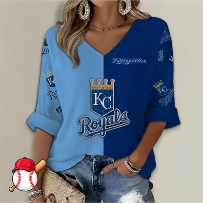 FINAL SALE - NEW CUSTOMIZED MLB19 KCR KANSAS CITY ROYALS WOMEN'S  V-NECK LONG SLEEVE SHIRT