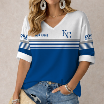 LIMITED EDITION - NEW CUSTOMIZED MLB19 KCR KANSAS CITY ROYALS WOMEN'S HEART V-NECK LONG SLEEVE SHIRT
