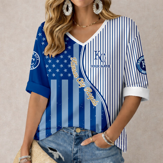 LIMITED EDITION - NEW CUSTOMIZED MLB19 KCR KANSAS CITY ROYALS WOMEN'S HEART V-NECK LONG SLEEVE SHIRT