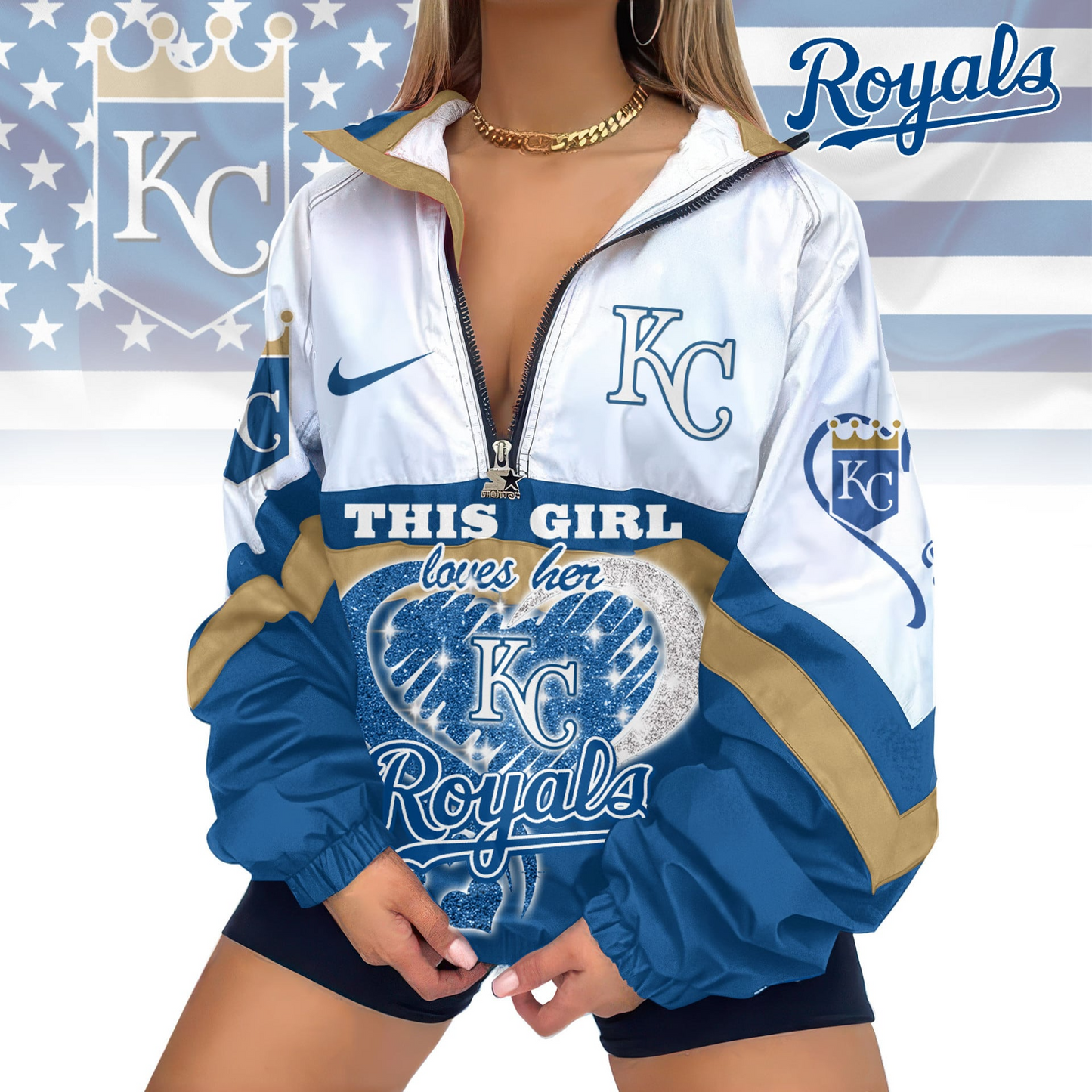 LIMITED EDITION - NEW CUSTOMIZED MLB19 KCR KANSAS CITY ROYALS V-NECK ZIPPER JACKET