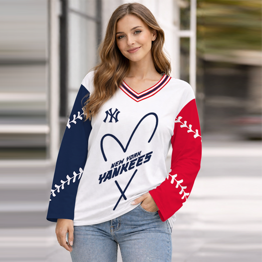 LIMITED EDITION - NEW CUSTOMIZED MLB01 NYY NEW YORK YANKEES WOMEN'S HEART V-NECK LONG SLEEVE SHIRT