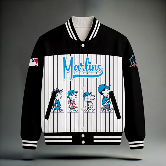 HOT DEAL - NEW CUSTOMIZED MLB20 MMS MIAMI MARLINS SNOOPY STYLE SATIN VARSITY & BASEBALL JACKET