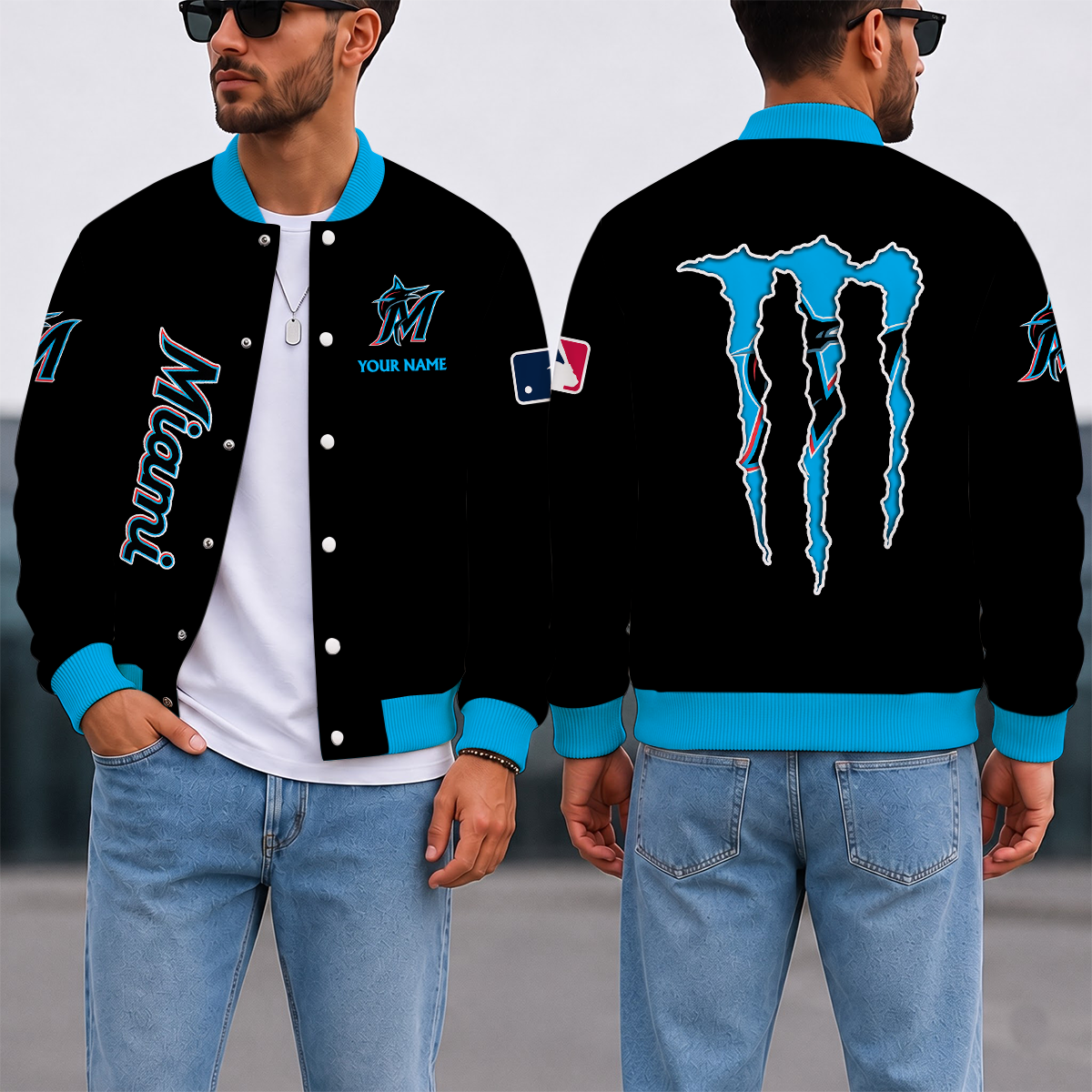 LIMITED EDITION - NEW CUSTOMIZED MLB20 MMS MIAMI MARLINS SATIN VARSITY & BASEBALL JACKET