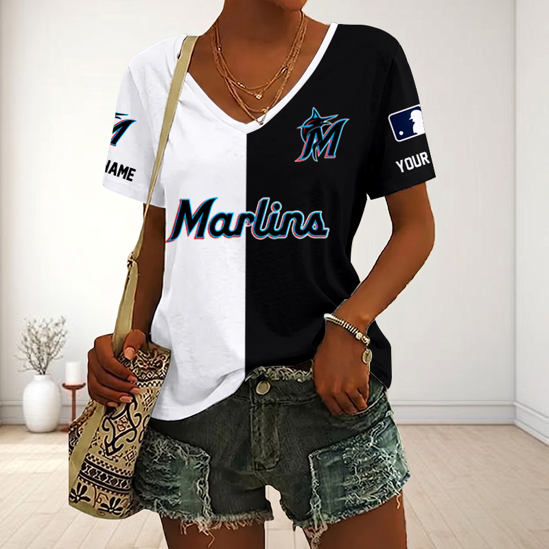 VIRAL EDITION - NEW CUSTOMIZED MLB20 MMS MIAMI MARLINS V-NECK FEMALE SHIRT