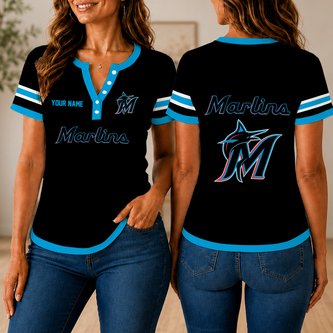 VIRAL EDITION - NEW CUSTOMIZED MLB20 MMS MIAMI MARLINS WOMEN'S SHORT SLEEVE HENLEY T-SHIRT