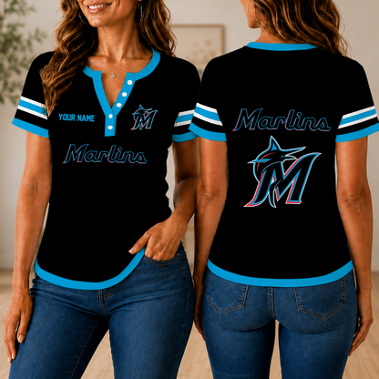 VIRAL EDITION - NEW CUSTOMIZED MLB20 MMS MIAMI MARLINS WOMEN'S SHORT SLEEVE HENLEY T-SHIRT