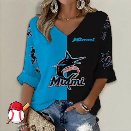 FINAL SALE - NEW CUSTOMIZED MLB20 MMS MIAMI MARLINS WOMEN'S  V-NECK LONG SLEEVE SHIRT