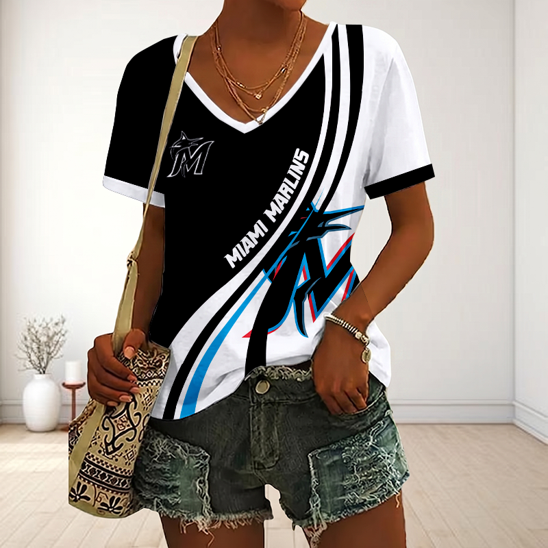 LIMITED EDITION - NEW CUSTOMIZED MLB20 MMS MIAMI MARLINS V-NECK FEMALE SHIRT