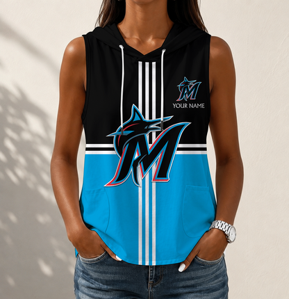 LIMITED EDITION - NEW CUSTOMIZED MLB20 MMS MIAMI MARLINS WOMEN'S SLEEVELESS HOODED POCKET TANK TOP