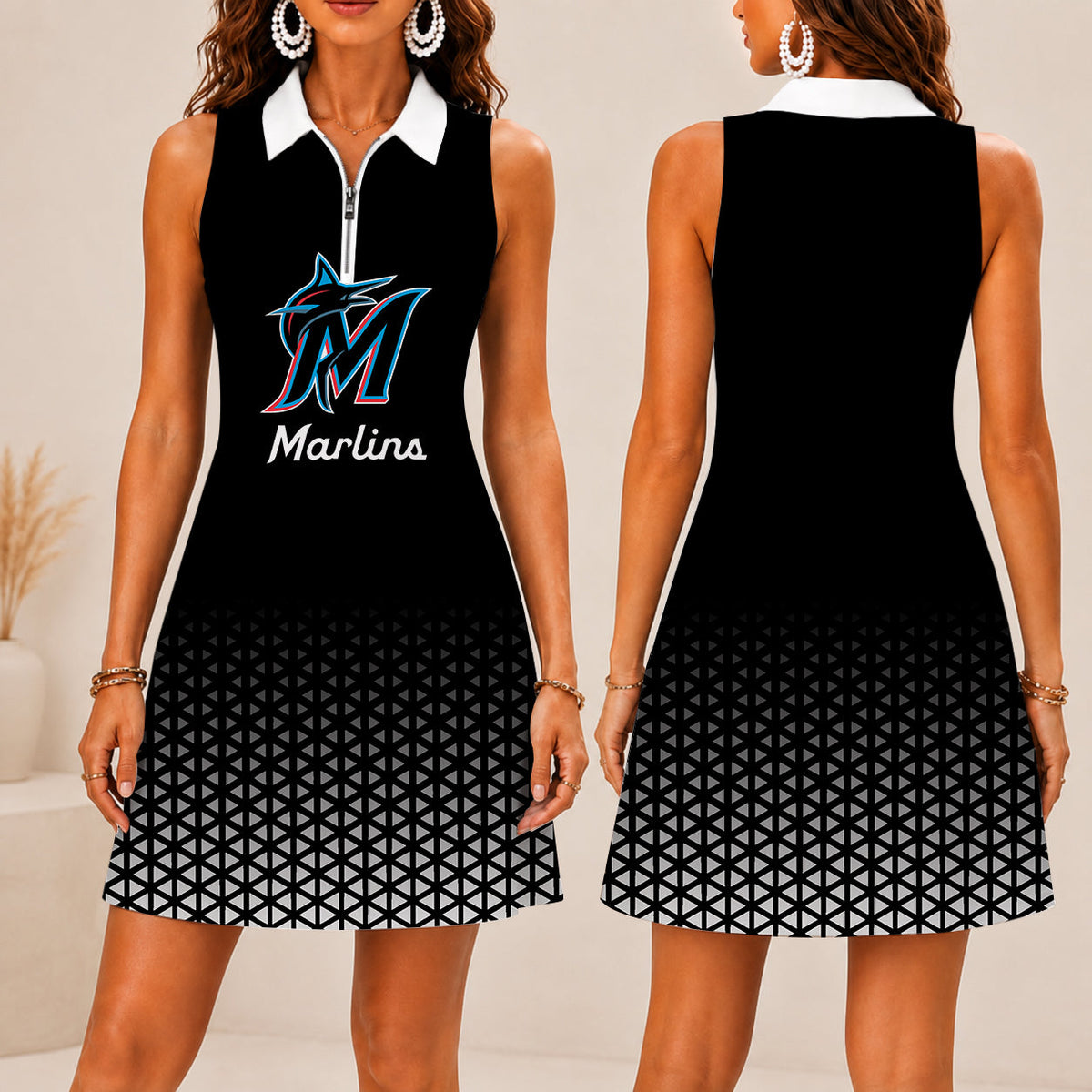 FINAL SALE - NEW CUSTOMIZED MLB20 MMS MIAMI MARLINS WOMEN'S ZIP SLEEVELESS POLO DRESS