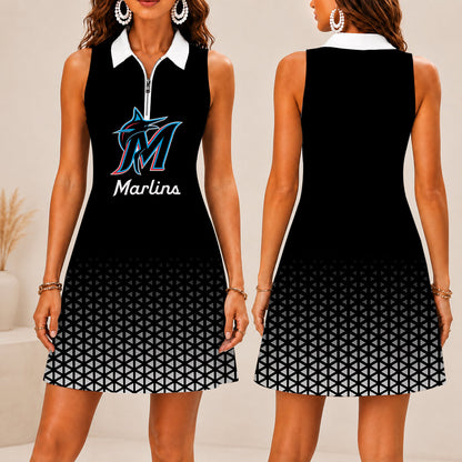 FINAL SALE - NEW CUSTOMIZED MLB20 MMS MIAMI MARLINS WOMEN'S ZIP SLEEVELESS POLO DRESS