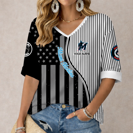 LIMITED EDITION - NEW CUSTOMIZED MLB20 MMS MIAMI MARLINS WOMEN'S HEART V-NECK LONG SLEEVE SHIRT