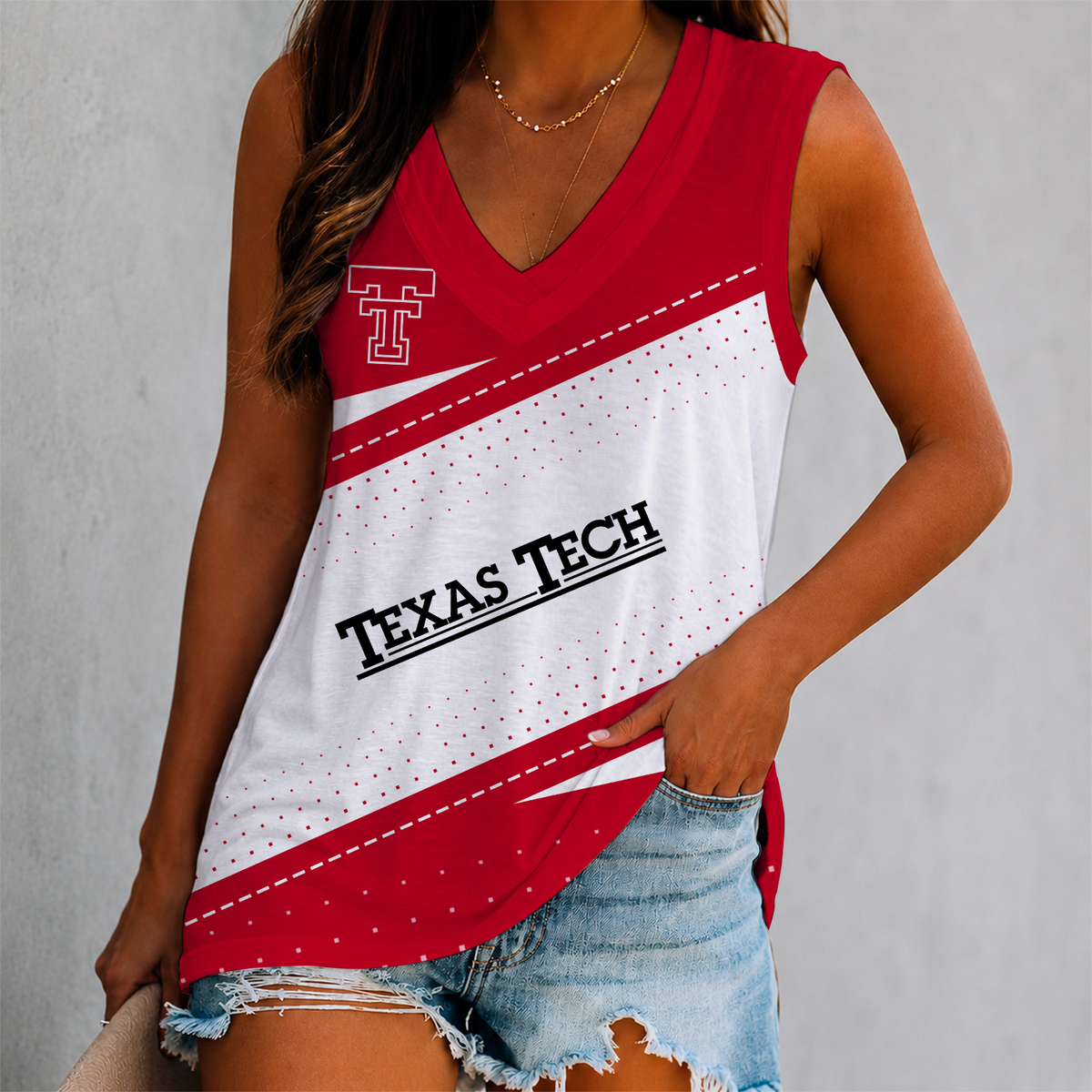 FINAL SALE - NEW CUSTOMIZED NCAA CWS20 TEXAS TECH RED RAIDERS WOMEN'S V-NECK TANK TOP