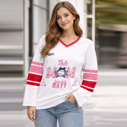 FINAL SALE - NEW CUSTOMIZED MLB21 TBR TAMPA BAY RAYS WOMEN'S HEART V-NECK LONG SLEEVE SHIRT