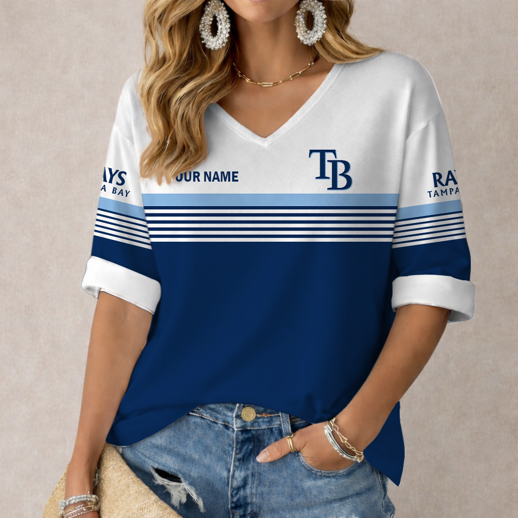 LIMITED EDITION - NEW CUSTOMIZED MLB21 TBR TAMPA BAY RAYS WOMEN'S HEART V-NECK LONG SLEEVE SHIRT