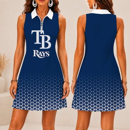 FINAL SALE - NEW CUSTOMIZED MLB21 TBR TAMPA BAY RAYS WOMEN'S ZIP SLEEVELESS POLO DRESS