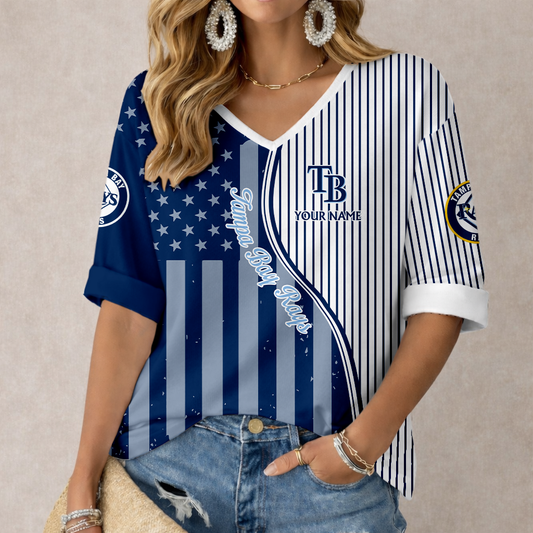 LIMITED EDITION - NEW CUSTOMIZED MLB21 TBR TAMPA BAY RAYS WOMEN'S HEART V-NECK LONG SLEEVE SHIRT