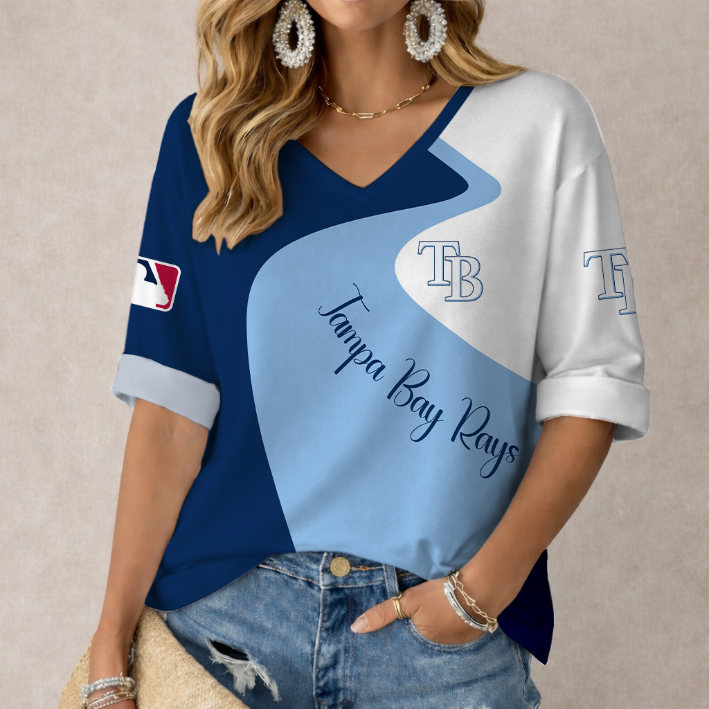 FINAL SALE - NEW CUSTOMIZED MLB21 TBR TAMPA BAY RAYS WOMEN'S  V-NECK LONG SLEEVE SHIRT