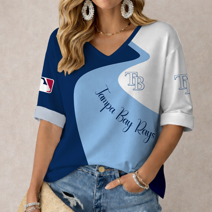 FINAL SALE - NEW CUSTOMIZED MLB21 TBR TAMPA BAY RAYS WOMEN'S  V-NECK LONG SLEEVE SHIRT