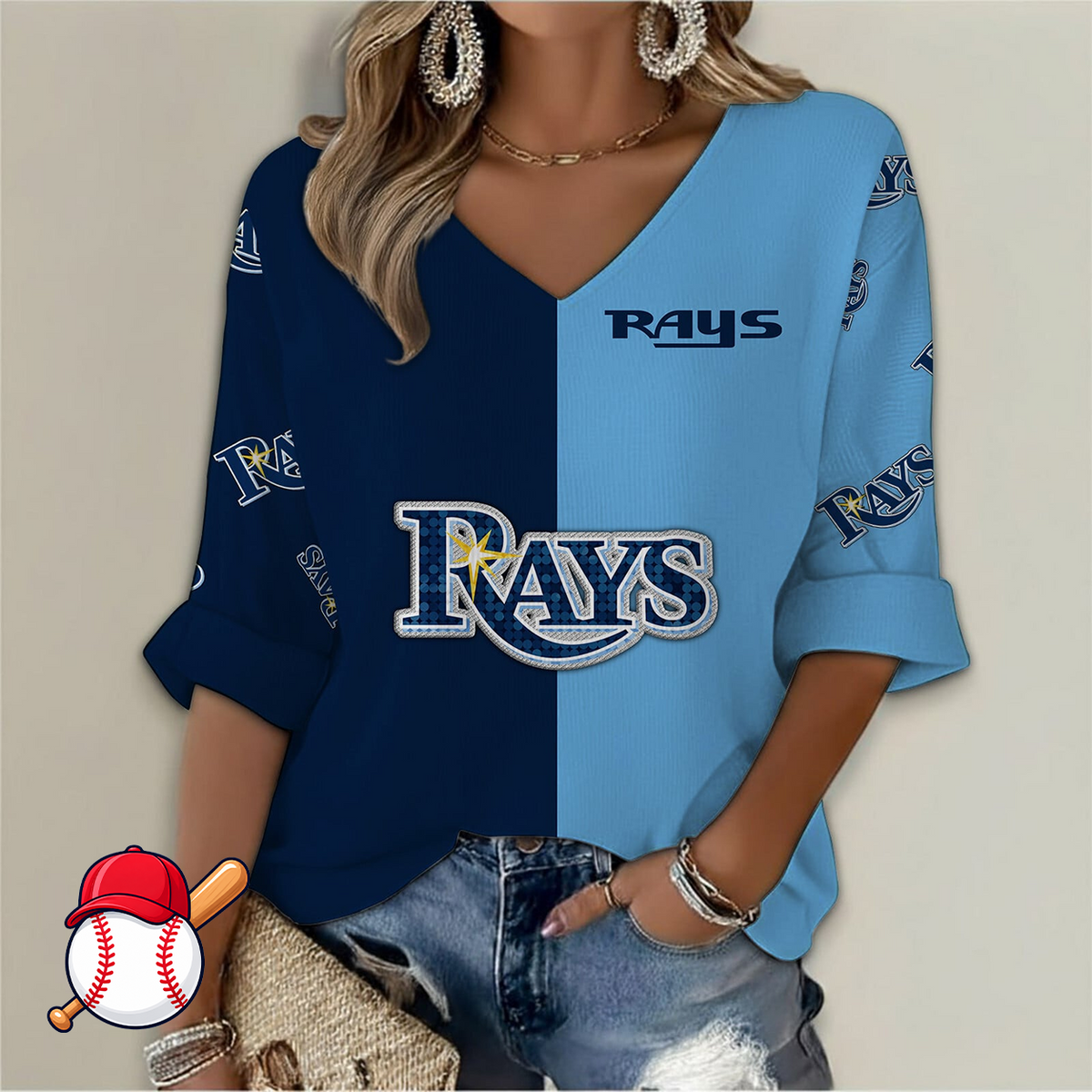FINAL SALE - NEW CUSTOMIZED MLB21 TBR TAMPA BAY RAYS WOMEN'S  V-NECK LONG SLEEVE SHIRT