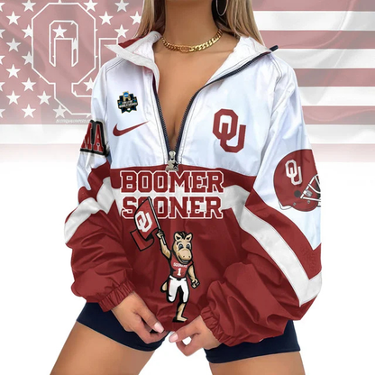 LIMITED EDITION - NEW CUSTOMIZED NCAA COLLEGE WORLD SERIES 22 OKLAHOMA SOONERS V-NECK ZIPPER SWEATSHIRT JACKET