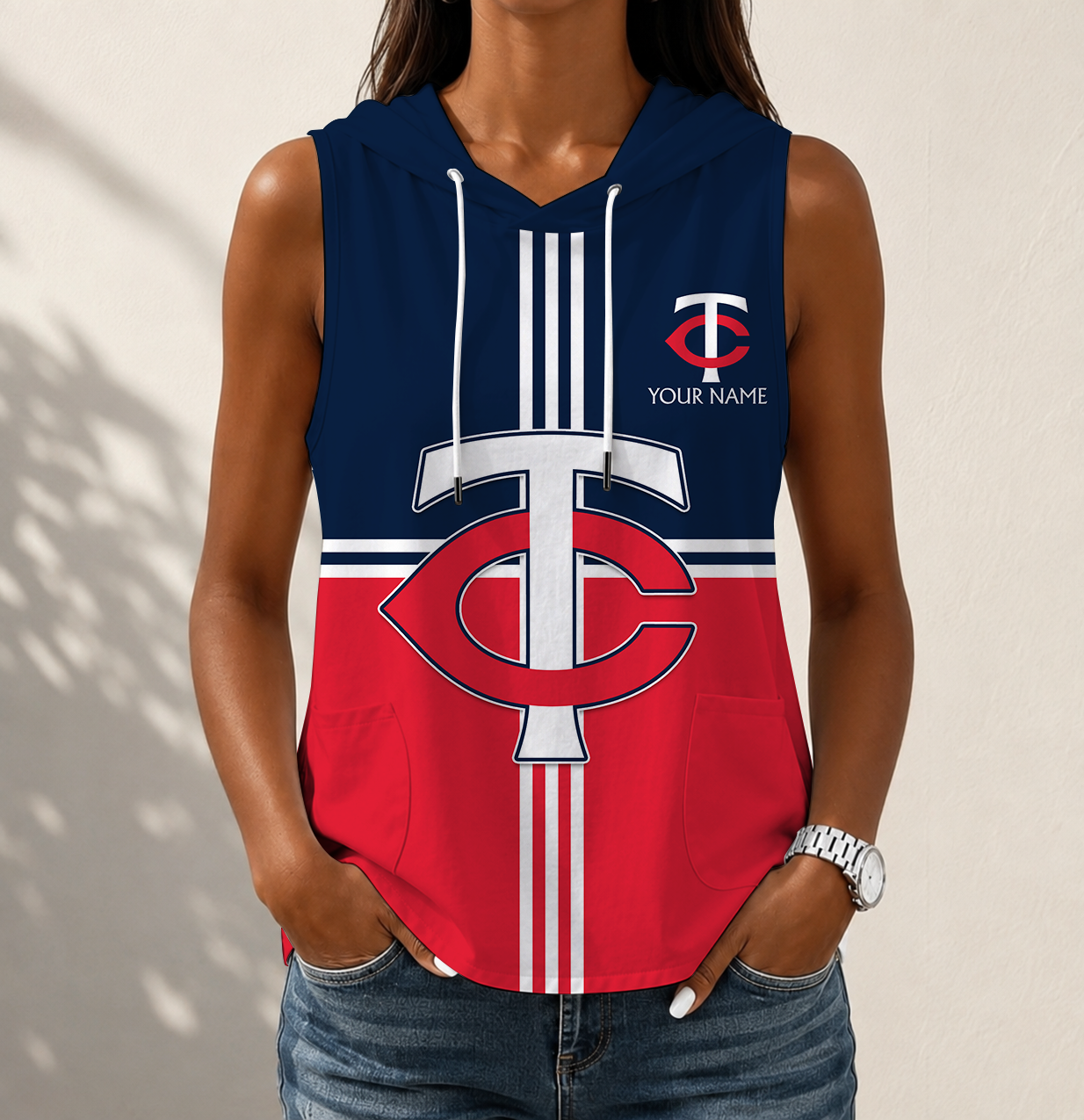 LIMITED EDITION - NEW CUSTOMIZED MLB22 MTS MINNESOTA TWINS WOMEN'S SLEEVELESS HOODED POCKET TANK TOP
