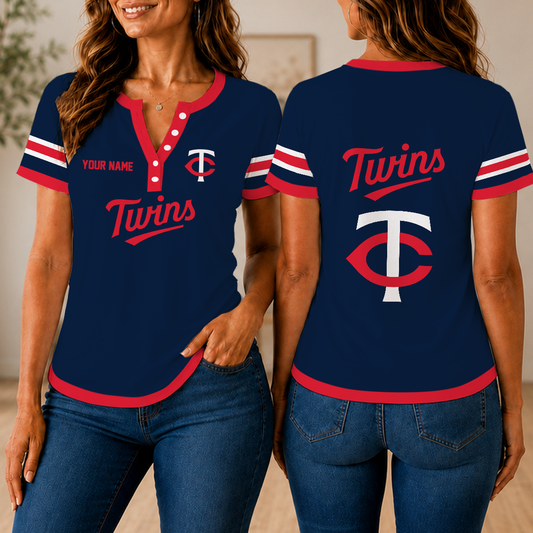 VIRAL EDITION - NEW CUSTOMIZED MLB22 MTS MINNESOTA TWINS WOMEN'S SHORT SLEEVE HENLEY T-SHIRT