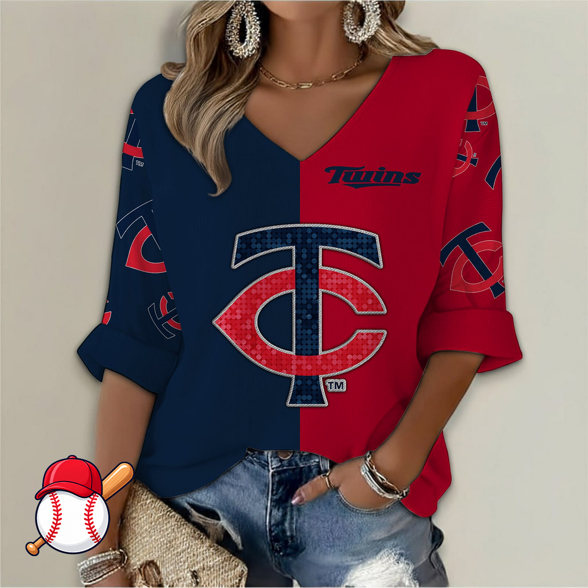 FINAL SALE - NEW CUSTOMIZED MLB22 MTS MINNESOTA TWINS WOMEN'S  V-NECK LONG SLEEVE SHIRT
