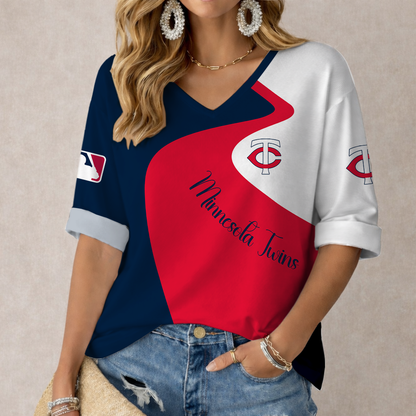 FINAL SALE - NEW CUSTOMIZED MLB22 MTS MINNESOTA TWINS WOMEN'S  V-NECK LONG SLEEVE SHIRT