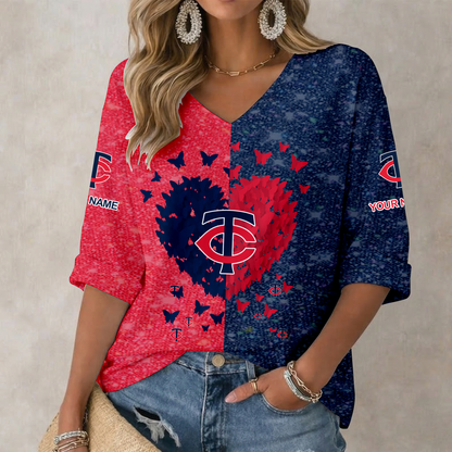 LIMITED EDITION - NEW CUSTOMIZED MLB22 MTS MINNESOTA TWINS WOMEN'S HEART V-NECK LONG SLEEVE SHIRT