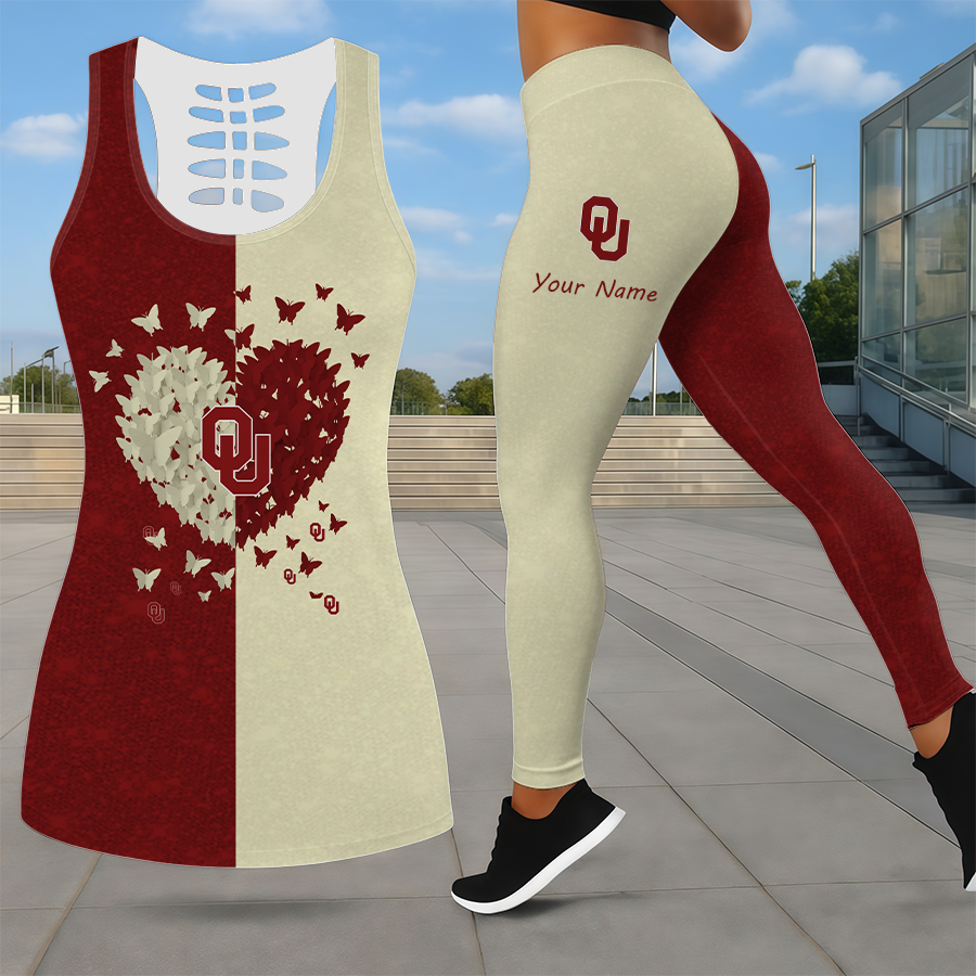 SPECIAL EDITION - NEW CUSTOMIZED NCAA CWS22 OUS OKLAHOMA SOONERS LEGGINGS & HOLLOW TANK TOP SET