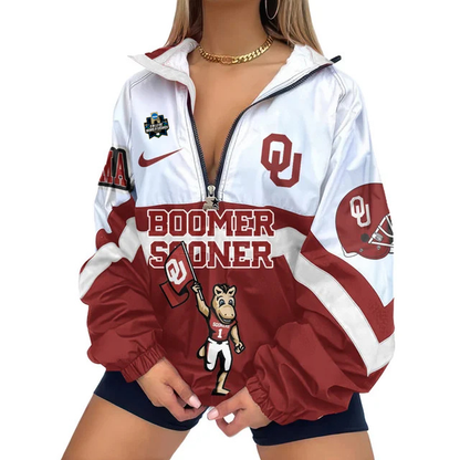 LIMITED EDITION - NEW CUSTOMIZED NCAA COLLEGE WORLD SERIES 22 OKLAHOMA SOONERS V-NECK ZIPPER SWEATSHIRT JACKET