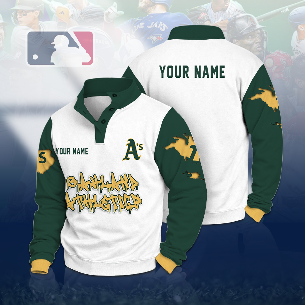 LIMITED EDITION - NEW CUSTOMIZED MLB23 OAS OAKLAND ATHLETICS BUTTON QUARTER PLACKET SWEATSHIRT