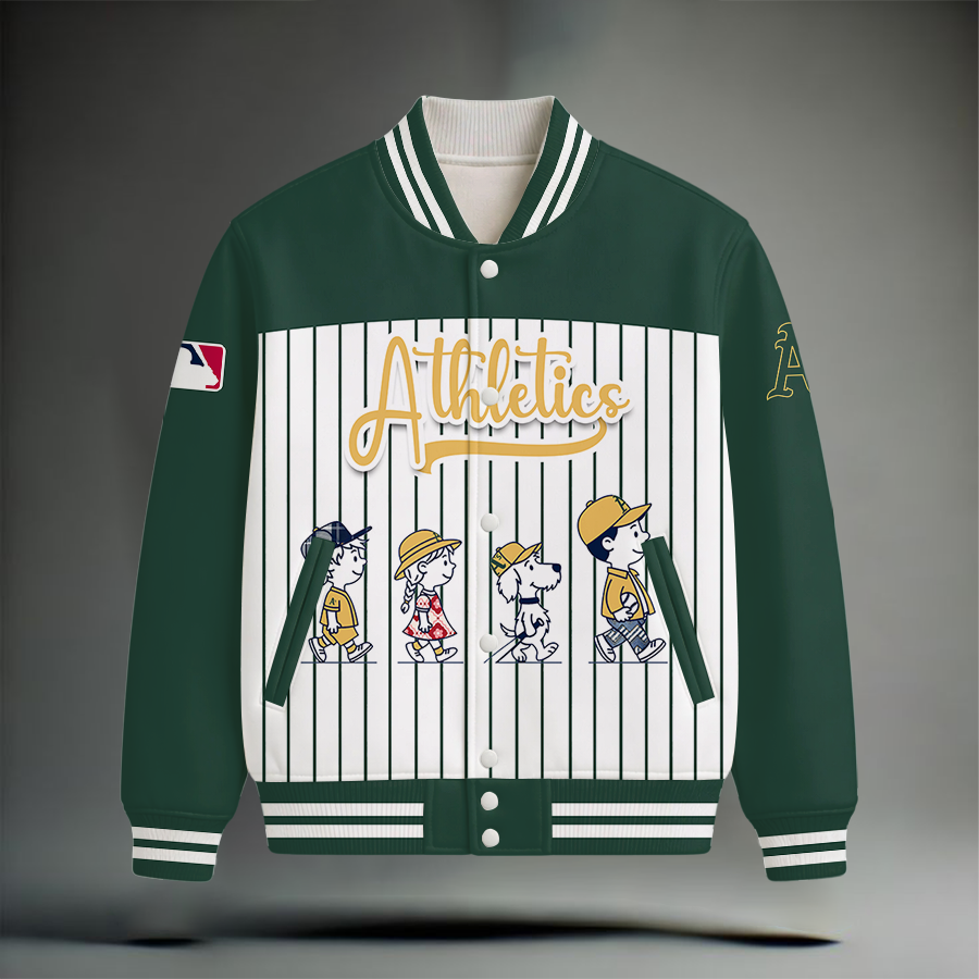 HOT DEAL - NEW CUSTOMIZED MLB23 OAS OAKLAND ATHLETICS SNOOPY STYLE SATIN VARSITY & BASEBALL JACKET