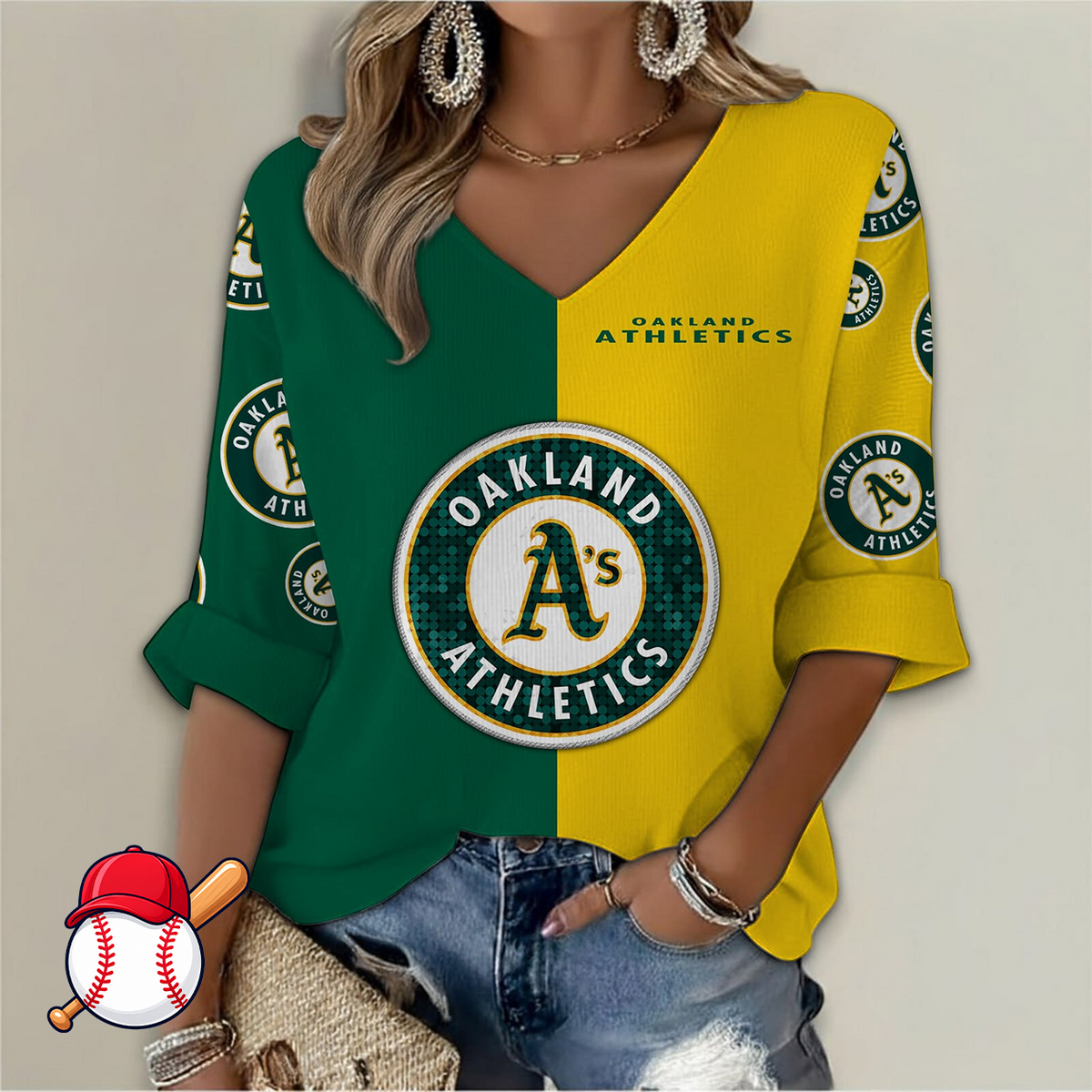 FINAL SALE - NEW CUSTOMIZED MLB23 OAS OAKLAND ATHLETICS WOMEN'S  V-NECK LONG SLEEVE SHIRT