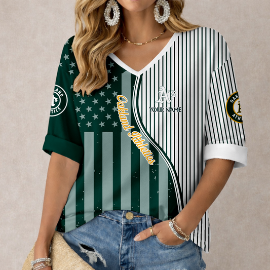 LIMITED EDITION - NEW CUSTOMIZED MLB23 OAS OAKLAND ATHLETICS WOMEN'S HEART V-NECK LONG SLEEVE SHIRT