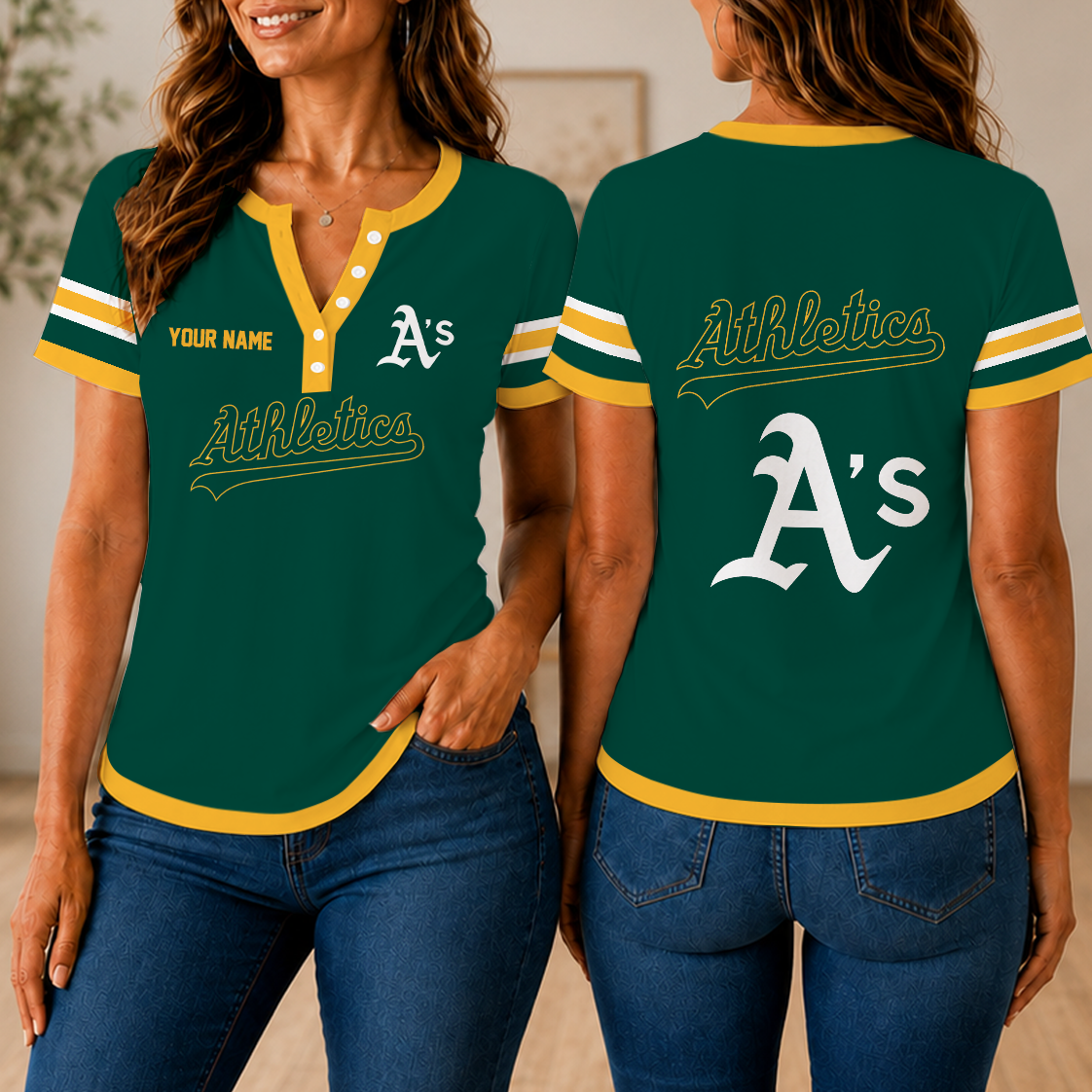 VIRAL EDITION - NEW CUSTOMIZED MLB23 OAS OAKLAND ATHLETICS WOMEN'S SHORT SLEEVE HENLEY T-SHIRT