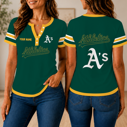 VIRAL EDITION - NEW CUSTOMIZED MLB23 OAS OAKLAND ATHLETICS WOMEN'S SHORT SLEEVE HENLEY T-SHIRT