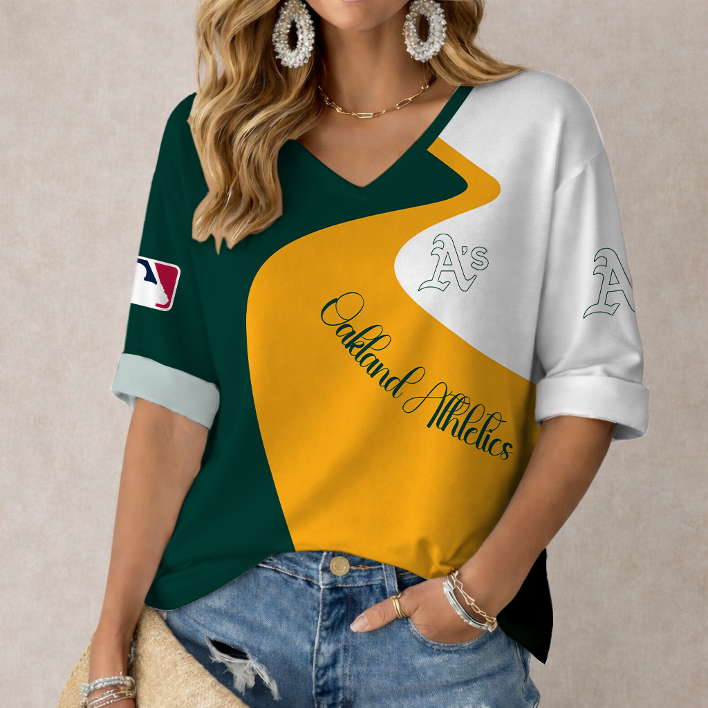 FINAL SALE - NEW CUSTOMIZED MLB23 OAS OAKLAND ATHLETICS WOMEN'S  V-NECK LONG SLEEVE SHIRT