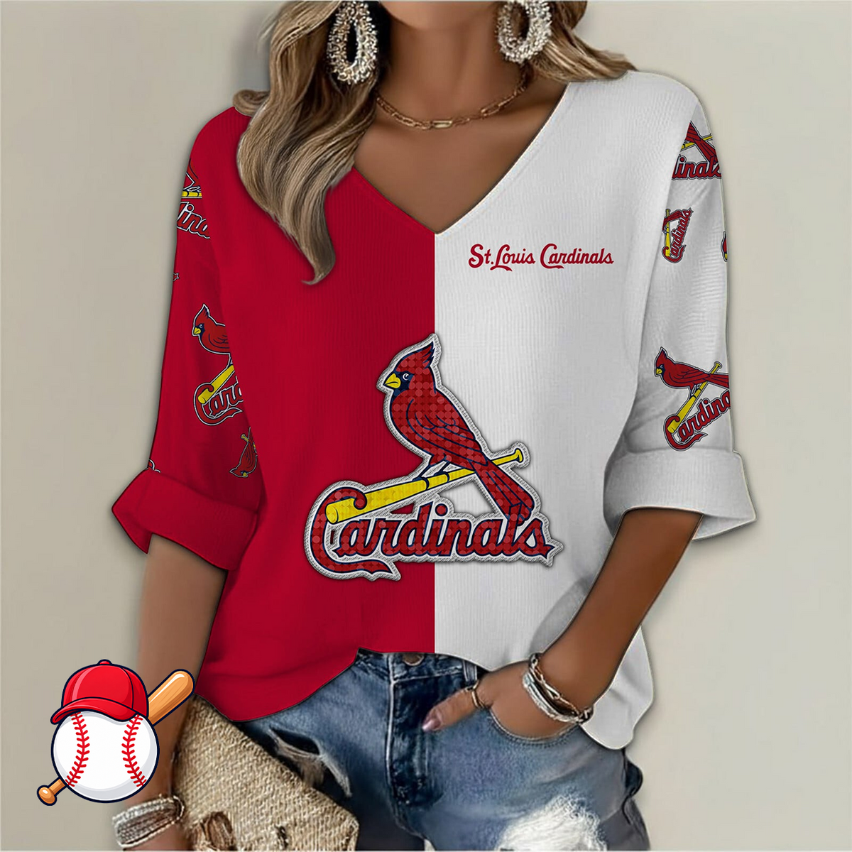 FINAL SALE - NEW CUSTOMIZED MLB24 SLC ST. LOUIS CARDINALS WOMEN'S  V-NECK LONG SLEEVE SHIRT