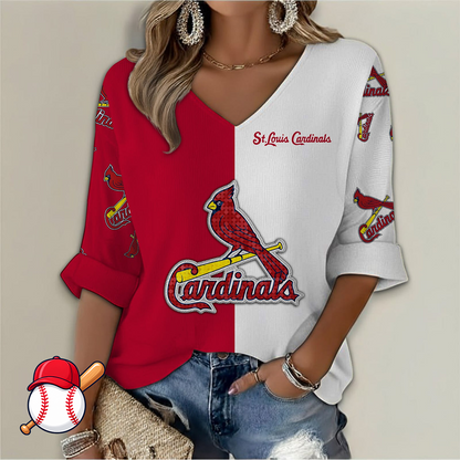 FINAL SALE - NEW CUSTOMIZED MLB24 SLC ST. LOUIS CARDINALS WOMEN'S  V-NECK LONG SLEEVE SHIRT