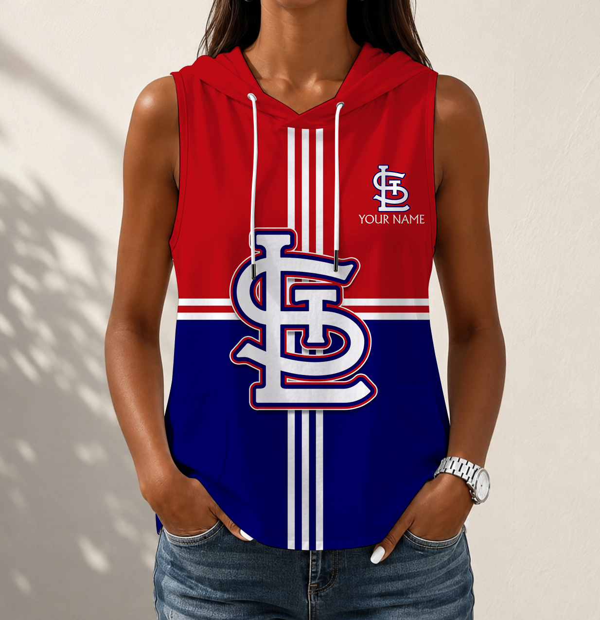 LIMITED EDITION - NEW CUSTOMIZED MLB24 SLC ST. LOUIS CARDINALS WOMEN'S SLEEVELESS HOODED POCKET TANK TOP