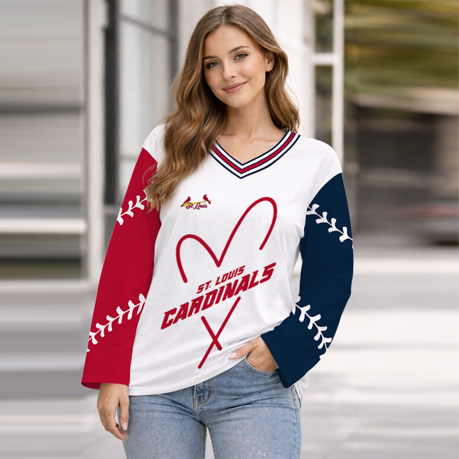 LIMITED EDITION - NEW CUSTOMIZED MLB24 SLC ST. LOUIS CARDINALS WOMEN'S HEART V-NECK LONG SLEEVE SHIRT