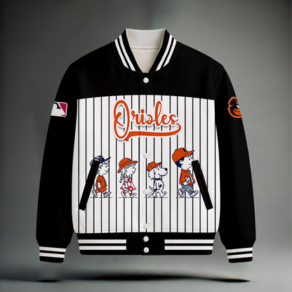HOT DEAL - NEW CUSTOMIZED MLB25 BOS BALTIMORE ORIOLES SNOOPY STYLE SATIN VARSITY & BASEBALL JACKET