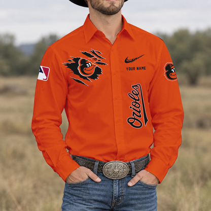 SPECIAL EDITION - NEW CUSTOMIZED MLB25 BOS BALTIMORE ORIOLES MEN'S LONG SLEEVE BUTTON-UP SHIRT