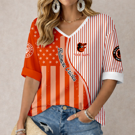 LIMITED EDITION - NEW CUSTOMIZED MLB25 BOS BALTIMORE ORIOLES WOMEN'S HEART V-NECK LONG SLEEVE SHIRT