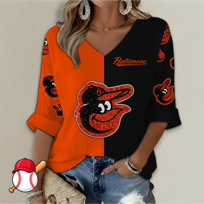 FINAL SALE - NEW CUSTOMIZED MLB25 BOS BALTIMORE ORIOLES WOMEN'S  V-NECK LONG SLEEVE SHIRT