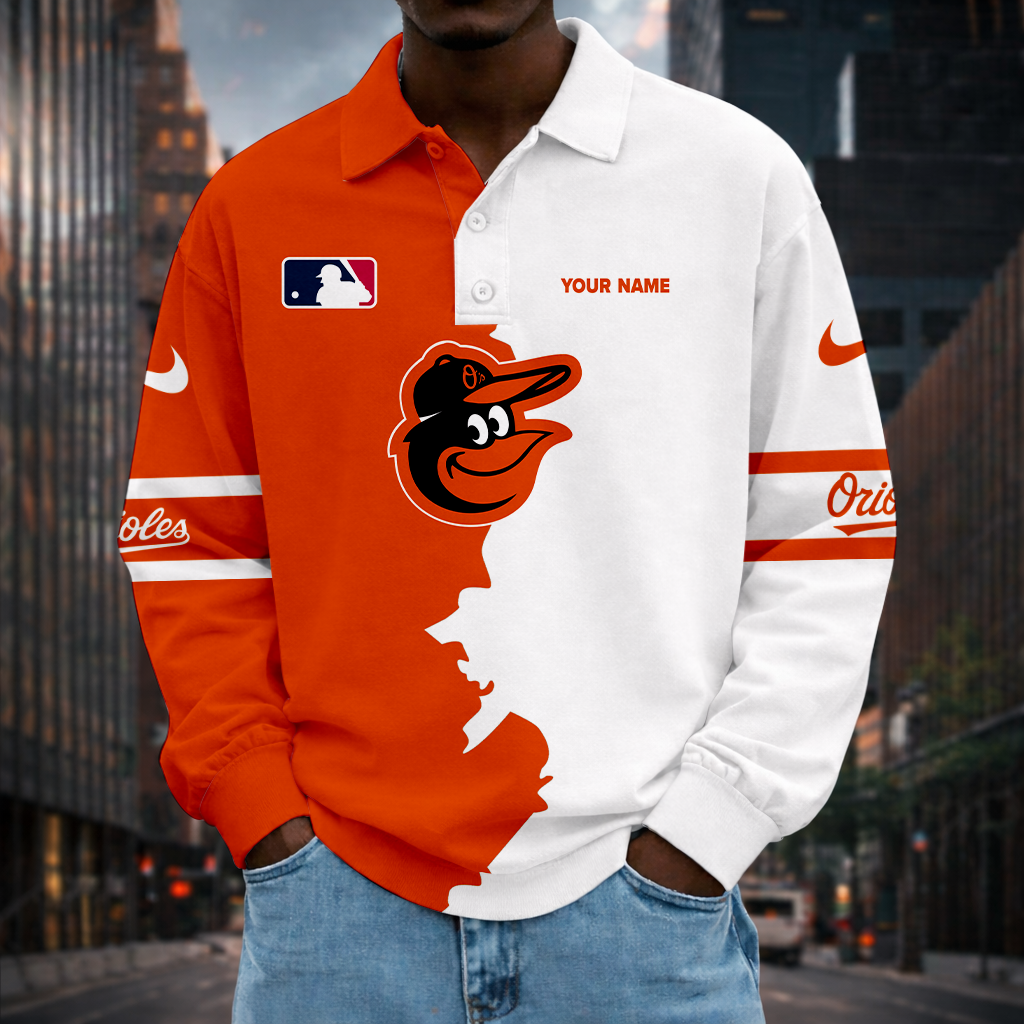 LIMITED EDITION - NEW CUSTOMIZED MLB25 BOS BALTIMORE ORIOLES MEN LONG SLEEVE POLO